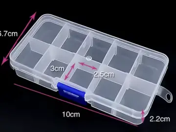 Aufbewahrungsbox in Weiß/Transparent, Maße 10 x 6,7 x 2,2 cm, ausgestattet mit 10 kleinen fixen Einzelbehältern (je 3 x 2,5 x 2,2 cm)