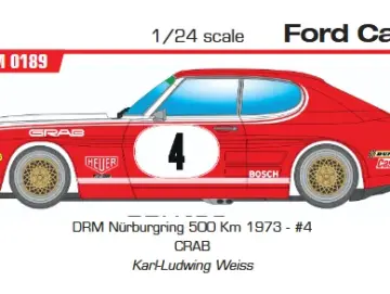 Ford Capri DRM Nürburgring 500 Km 1973 - #4 CRAB Karl-Ludwing Weiss - Slotcar Maßstab 1:24 analog in Rennversion mit Metall-Chassis