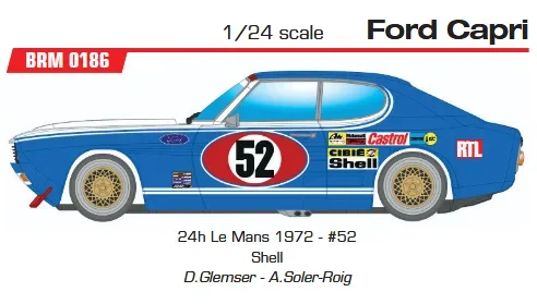 Ford Capri No. 52, 24h Le Mans 1972 - #52 Shell  D.Glemser - A.Soler-Roig - Slotcar Maßstab 1:24 analog in Rennversion mit Metall-Chassis