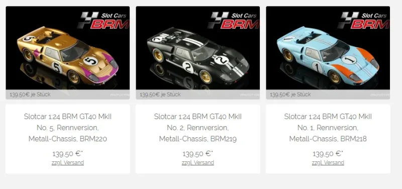SET - Slotcar 1:24 BRM GT40 MkII No. 1, Rennversion, Metall-Chassis, BRM218, BRM219, BRM220