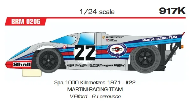 Slotcar 1:24 Analog BRM - Porsche 917K - Spa 1000 Kilometres 1971 - #22 MARTINI-RACING-TEAM V.Elford - G.Larrousse — Rennversion, Metall-Chassis