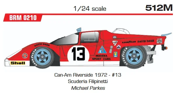 Slotcar 1:24 Analog BRM - Ferrari 512M Can-Am Riverside 1972 - #13 Scuderia Filipinetti Michael Parkes — Rennversion, Metall-Chassis