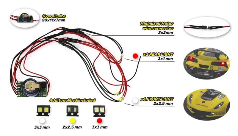 Fahrzeug-Beleuchtung DS Universal Lighting Kit 20x11x7mm inkl.Permanentlicht-/Rücklicht- u.Bremslichtfunktion f.Slotcars 1:32-1:24