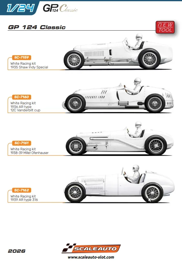 Slotcar Maßstab 1:24 analog Bausatz SCALEAUTO Typ C White Kit in Rennversion mit Metall-Chassis und Beklebungssatz