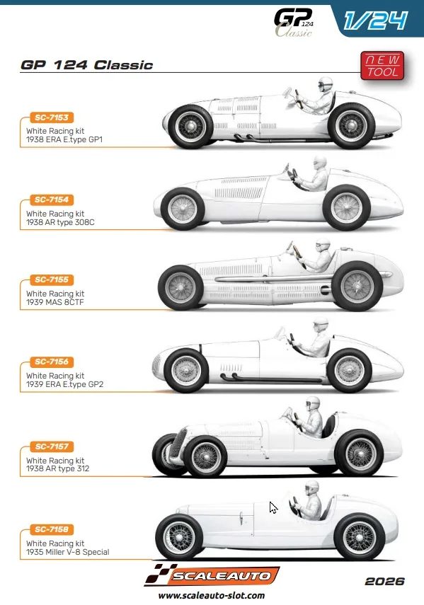Slotcar Maßstab 1:24 analog Bausatz SCALEAUTO Typ C White Kit in Rennversion mit Metall-Chassis und Beklebungssatz